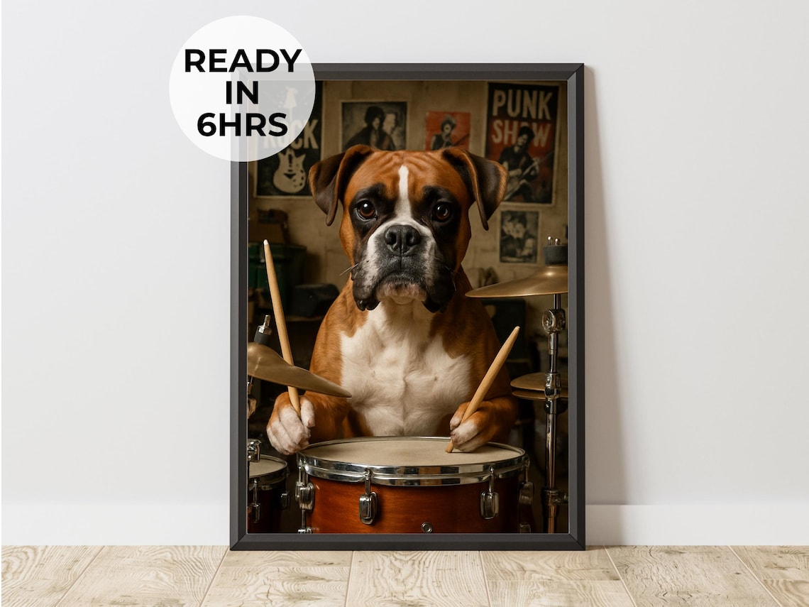 Funny Boxer Dog Playing Drums Punk Rock Band Music Art Poster