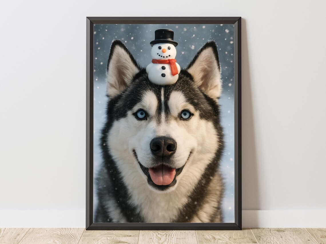 Winter Pet Portrait, Balancing Snowman Dog Poster