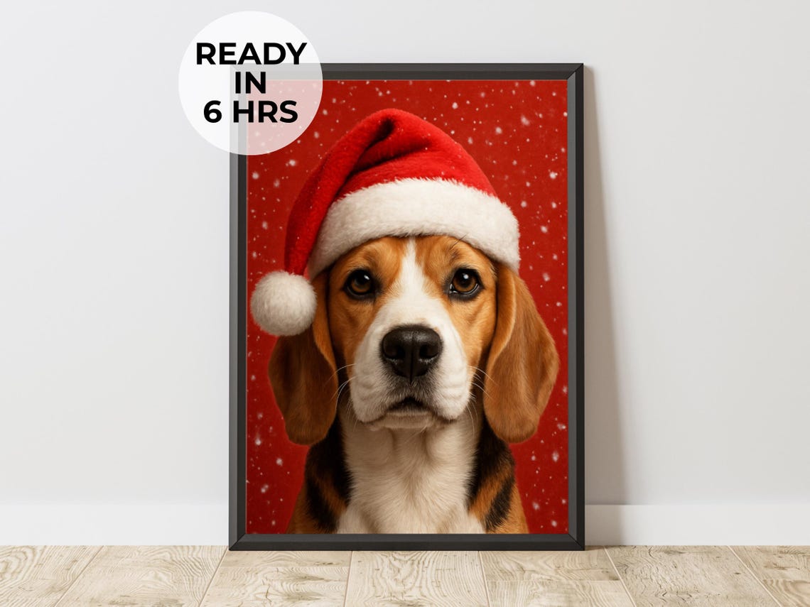 Custom Santa Pet Portrait Beagle Christmas Hat Personalized Dog Poster