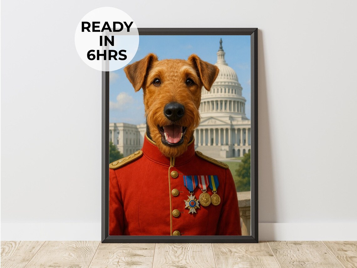 Airedale Terrier in Military Uniform Medals Funny Dog Photo Poster