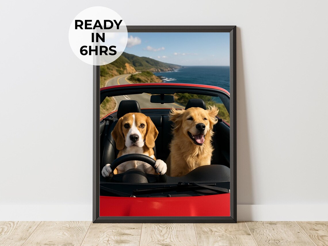 Custom Driving Pet Portrait, Funny Road Trip Art