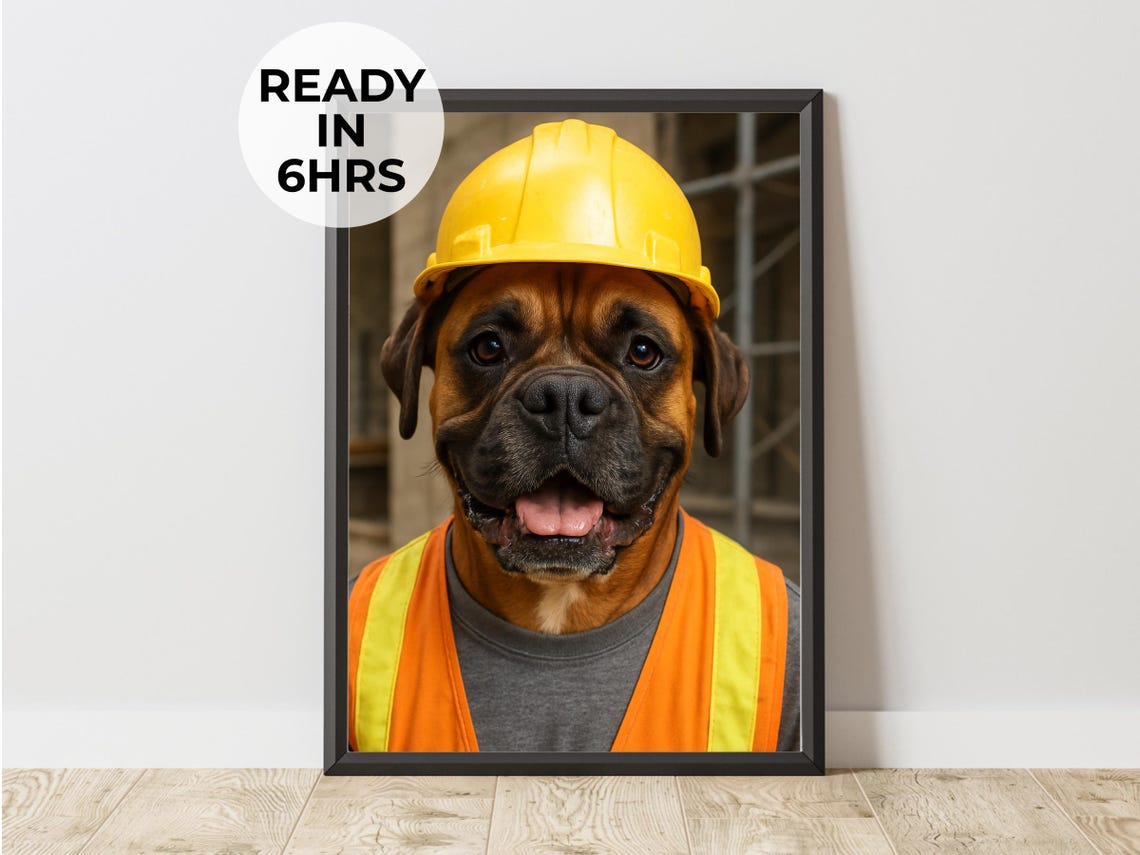 Smiling Boxer Dog Yellow Hard Hat Safety Vest Portrait Poster