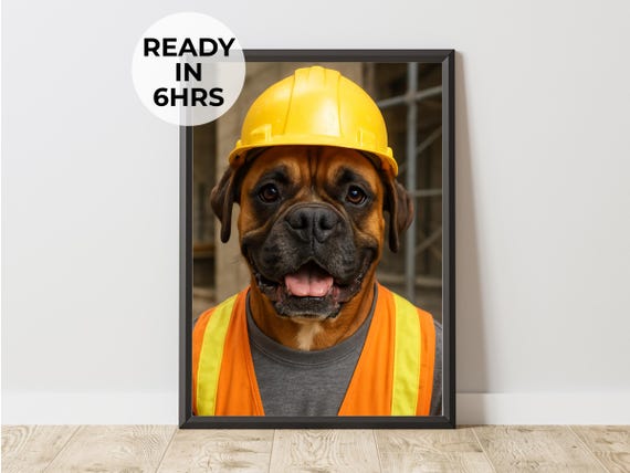 Construction Pet Portrait Funny Builder Dog Coworker Gift