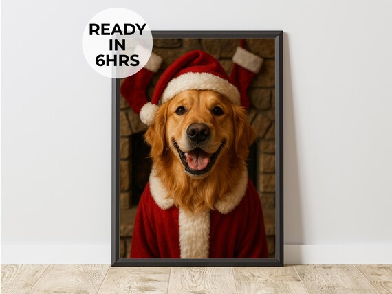 Santa Golden Retriever Christmas Dog Cozy Holiday Fireplace Poster