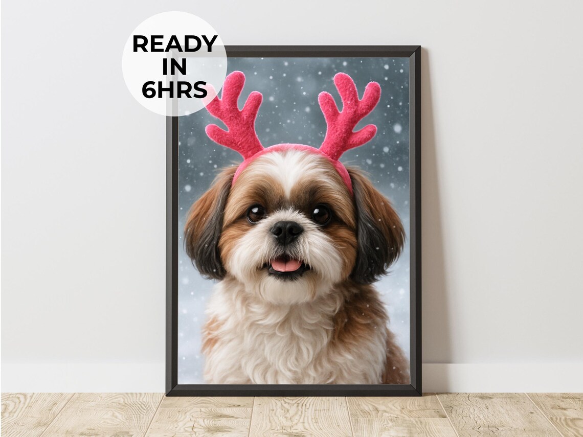 Shih Tzu Puppy Pink Reindeer Antlers Poster Christmas Snow Portrait