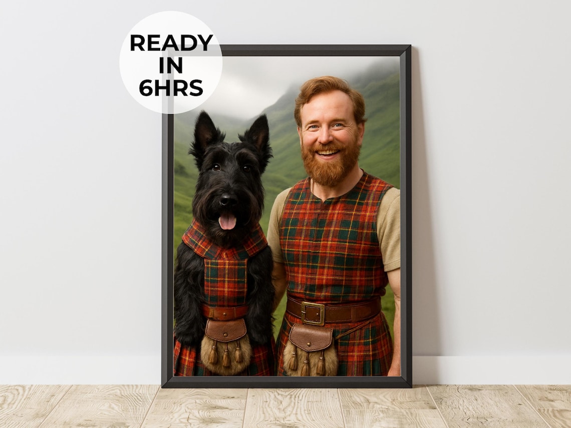 Custom Scottish Pet Portrait, Tartan Dog Art Print