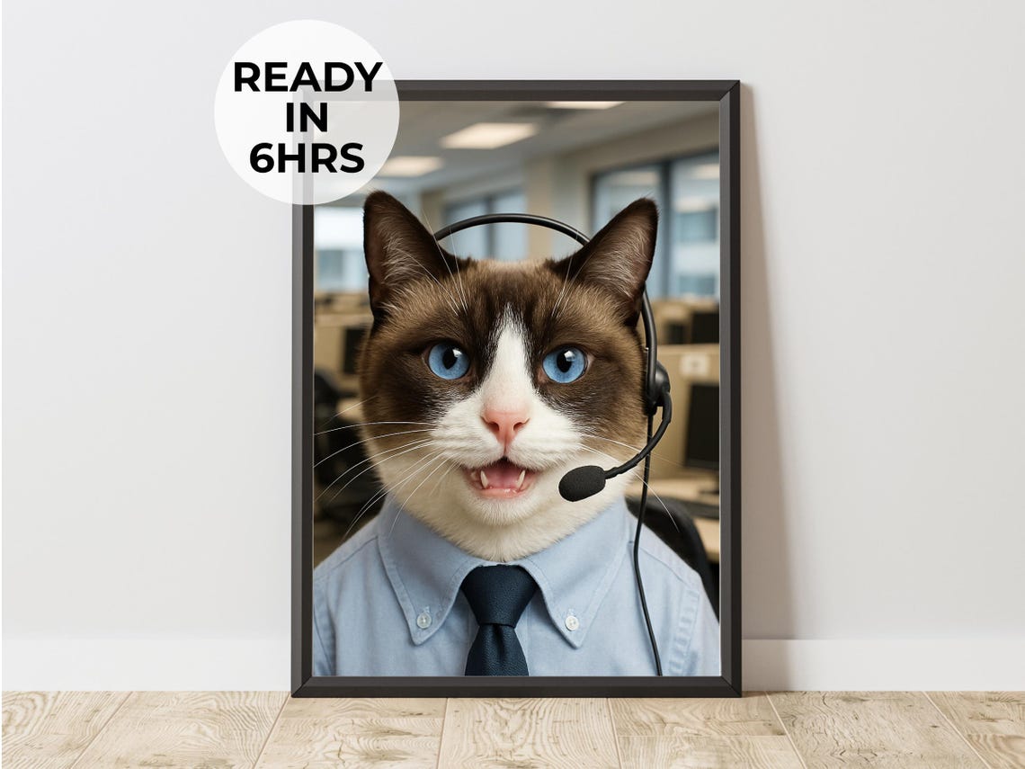 Call Center Cat Headset Shirt Tie Office Funny Pet Portrait Poster
