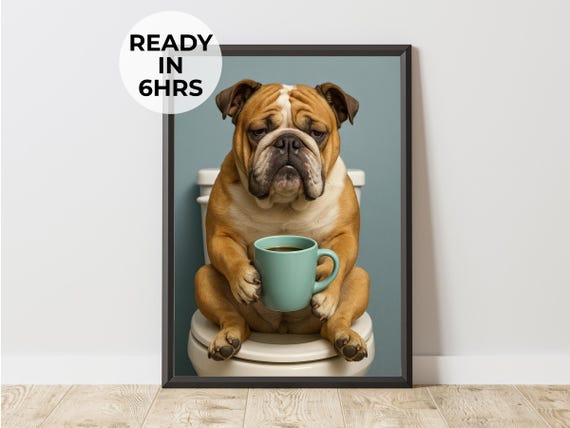 Funny Coffee Dog On Toilet Portrait Morning Routine Art