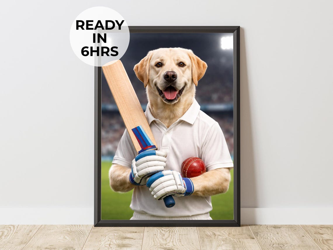 Labrador Retriever Cricket Player Custom Dog Portrait Poster