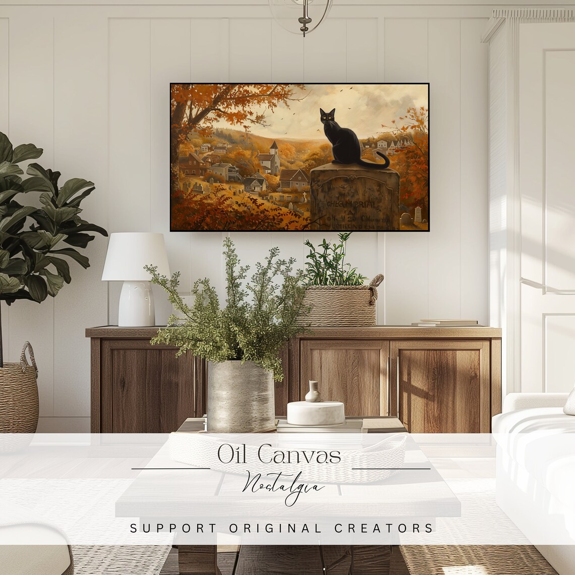 Black Cat Gravestone Autumn Village Halloween Spooky Fall Landscape Painting Poster - Image 3