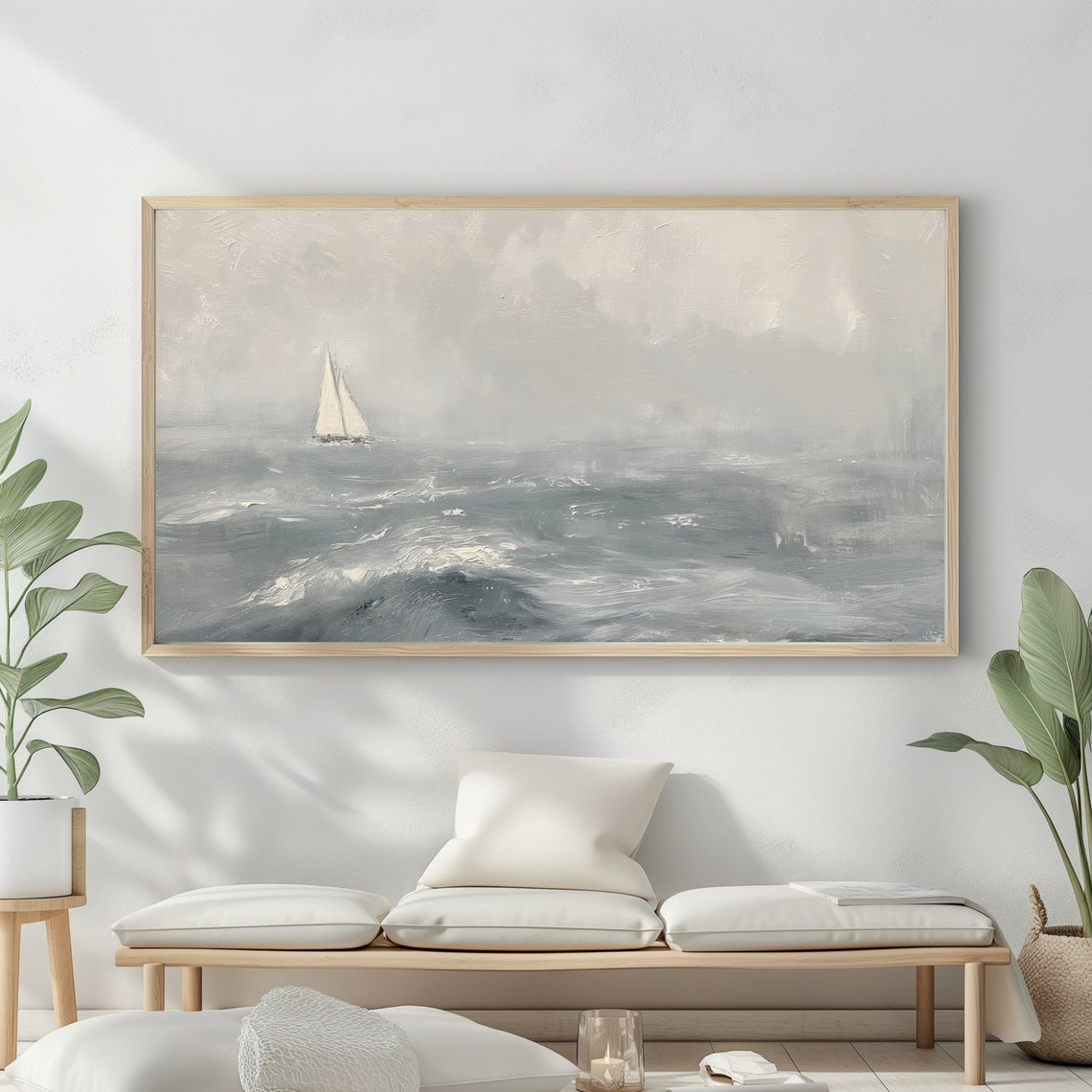 Lone Sailboat Misty Gray Sea Vintage Nautical Seascape Sail Art Poster - Image 2