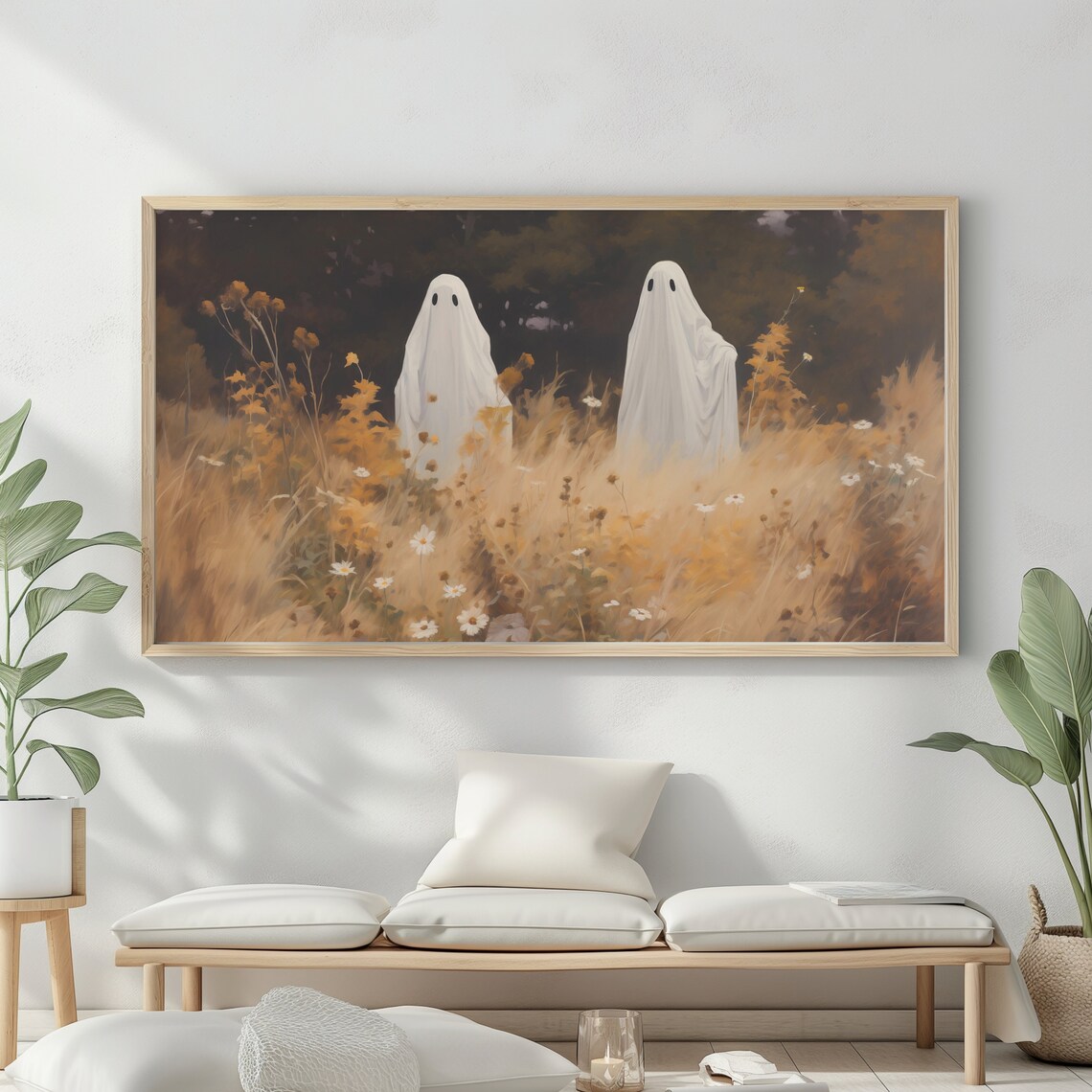 Two Friendly Ghosts In Golden Meadow Dark Woods Vintage Halloween Decor Art Poster - Image 2