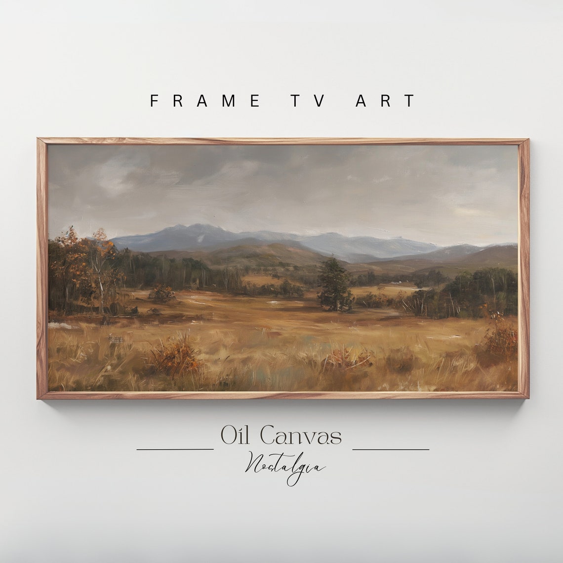 Mountain Landscape Frame Tv Art Moody Oil Painting Neutral Colours Rustic Scenery Farmhouse Decor