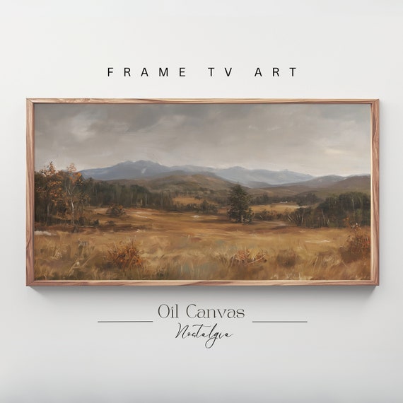 Autumn Landscape Oil Painting Vintage Rustic Country Decor Art Frame Tv Moody Neutral Colours Farmhouse Scenery