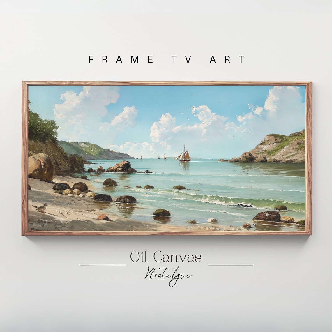 Frame Tv Art Vintage Nautical Oil Painting Summer Sea Art Boat Art Beach House Decor Blue Nautical Seascape