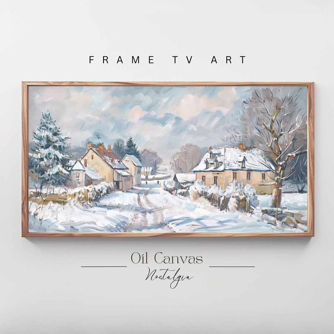 Snowy Village Cottages Winter Street Vintage Christmas Town Oil Poster