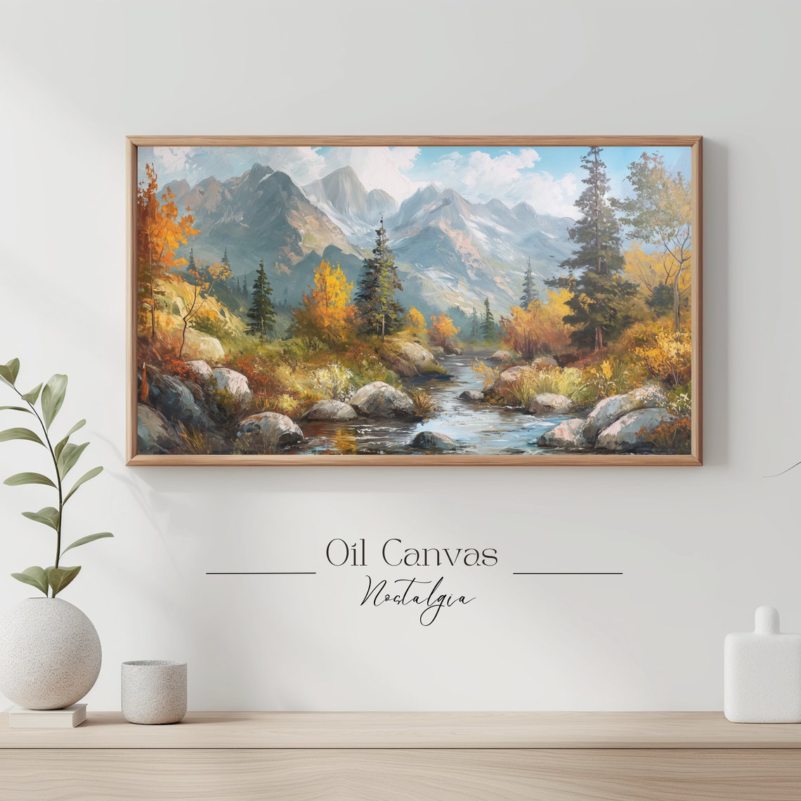 Mountain Landscape Frame Tv Art Moody Oil Painting Neutral Colours Rustic Scenery Farmhouse Decor - Image 3