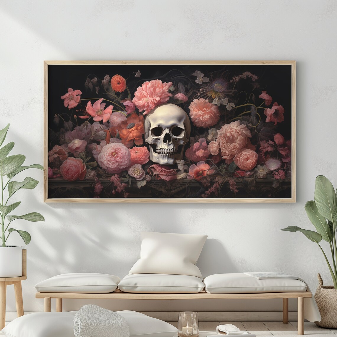 Skull Surrounded By Pink Flowers Dark Botanical Gothic Floral Halloween Wall Art Poster - Image 2