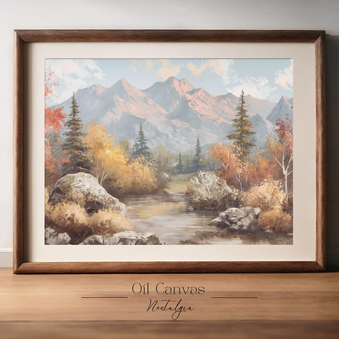 Mountain Landscape Wall Art Moody Oil Painting Neutral Colours Rustic Scenery Farmhouse Decor - Image 2