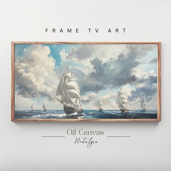 Frame Tv Art Vintage Nautical Oil Painting Summer Sea Art Boat Art Ocean Frame Tv Art Blue Nautical Seascape