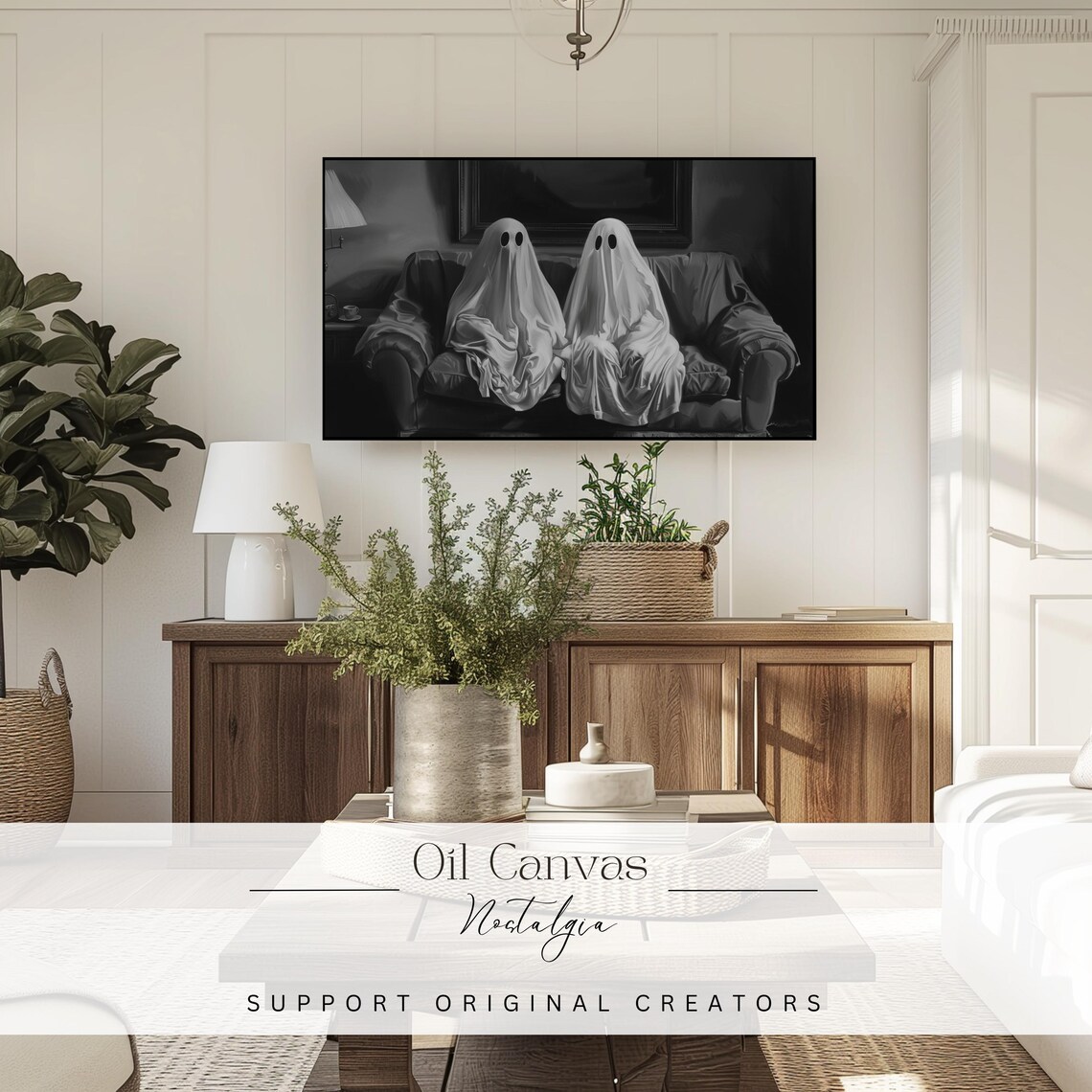 Spooky Ghosts Watching TV Vintage Couch Monochrome Halloween Art Poster - Image 3