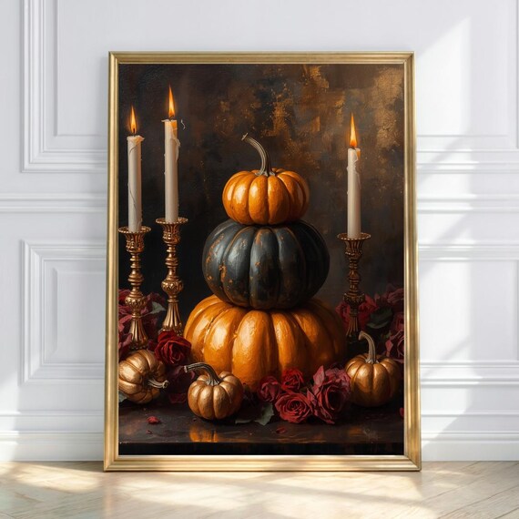 3 Pumpkins Wall Art Gothic Glam Halloween Autumn Candles Roses Decor