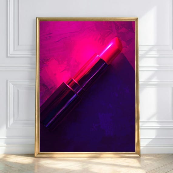 Lipstick On Table Wall Art Minimal Neon Beauty Print Modern Feminine Dcor