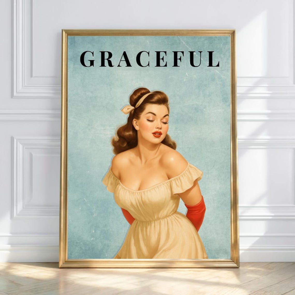 Graceful Retro Pin Up Lady Cream Dress Red Gloves Vintage Poster
