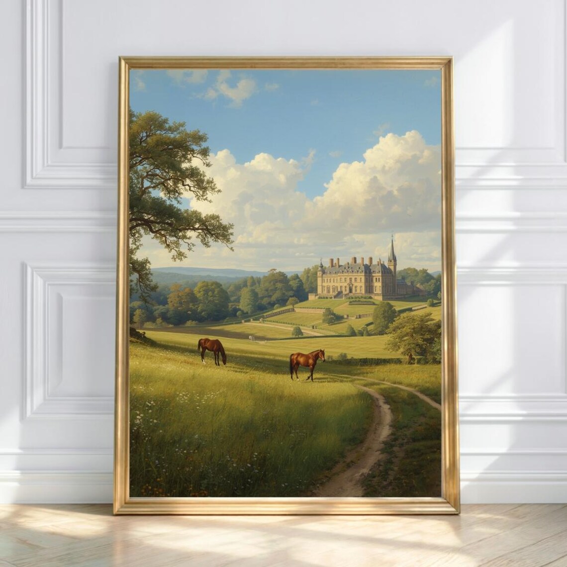 Castle Meadow Horses in Sunlit Pasture Art Print