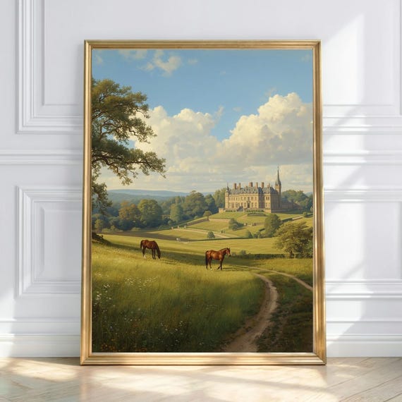 Castle Meadow Horses in Sunlit Pasture Art Print