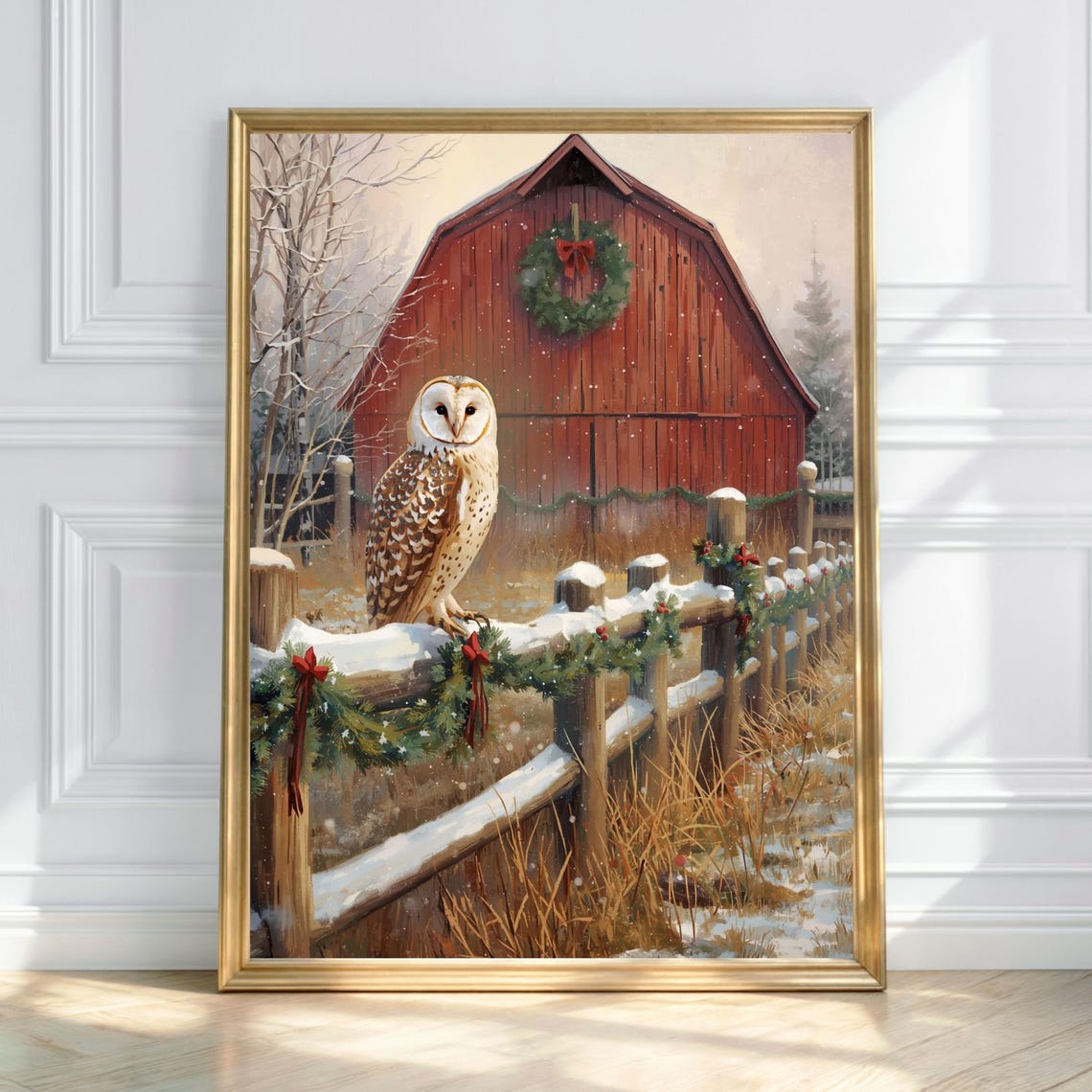 Rustic Barn Owl Perched On Snowy Fence Farmhouse Christmas Print