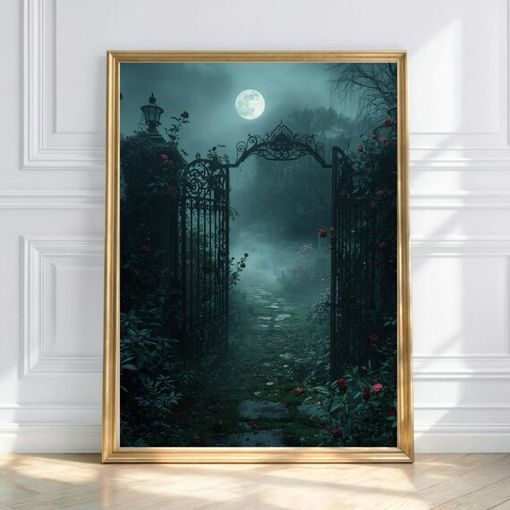 Moonlit Garden Gate Wall Art Gothic Fantasy Haunted Path Roses Decor