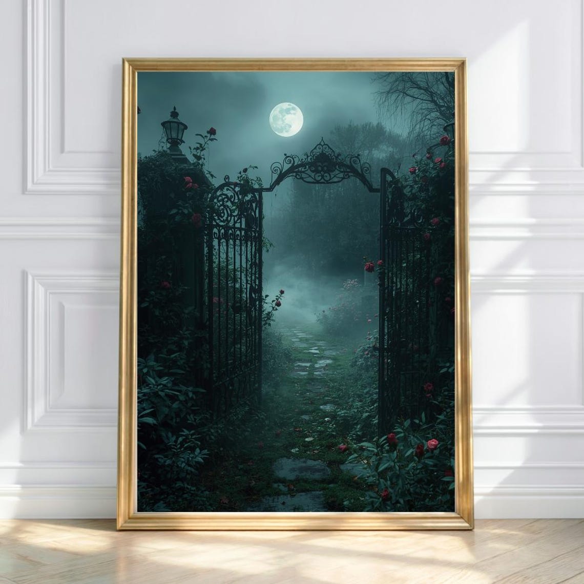Moonlit Rose Garden Wrought Iron Gate Full Moon Night Art Print