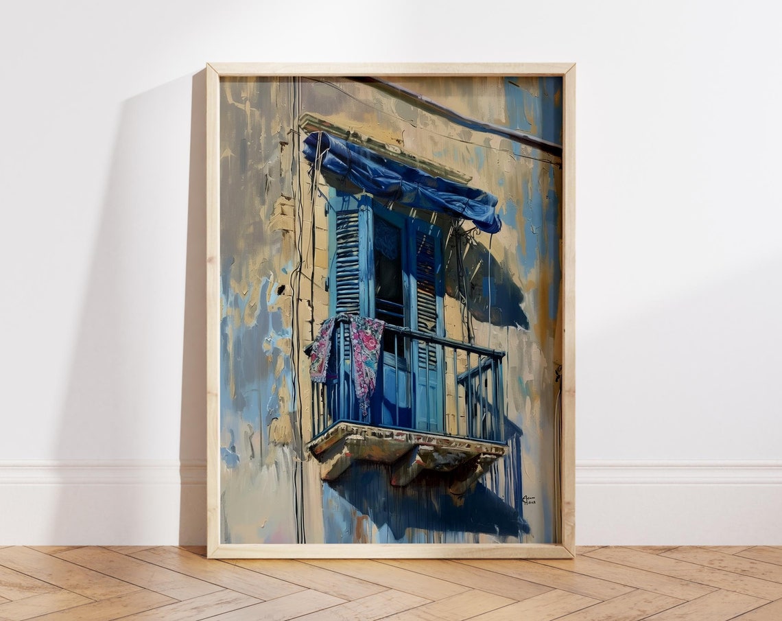 Blue Balcony With Awning Rustic Mediterranean Facade Painting Poster