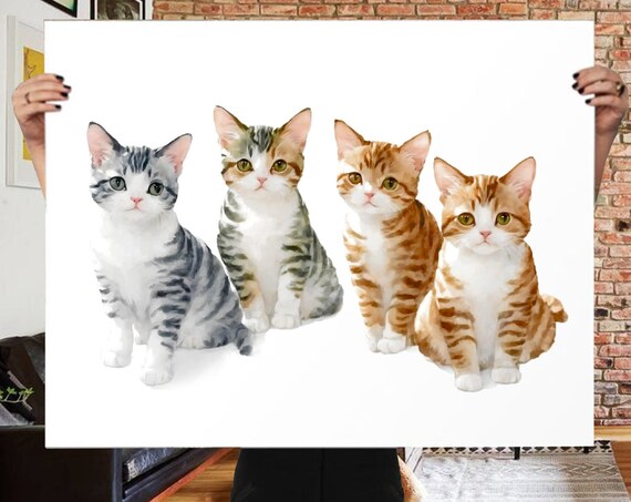 Multi Cat Portrait, Custom Multi Pet Painting
