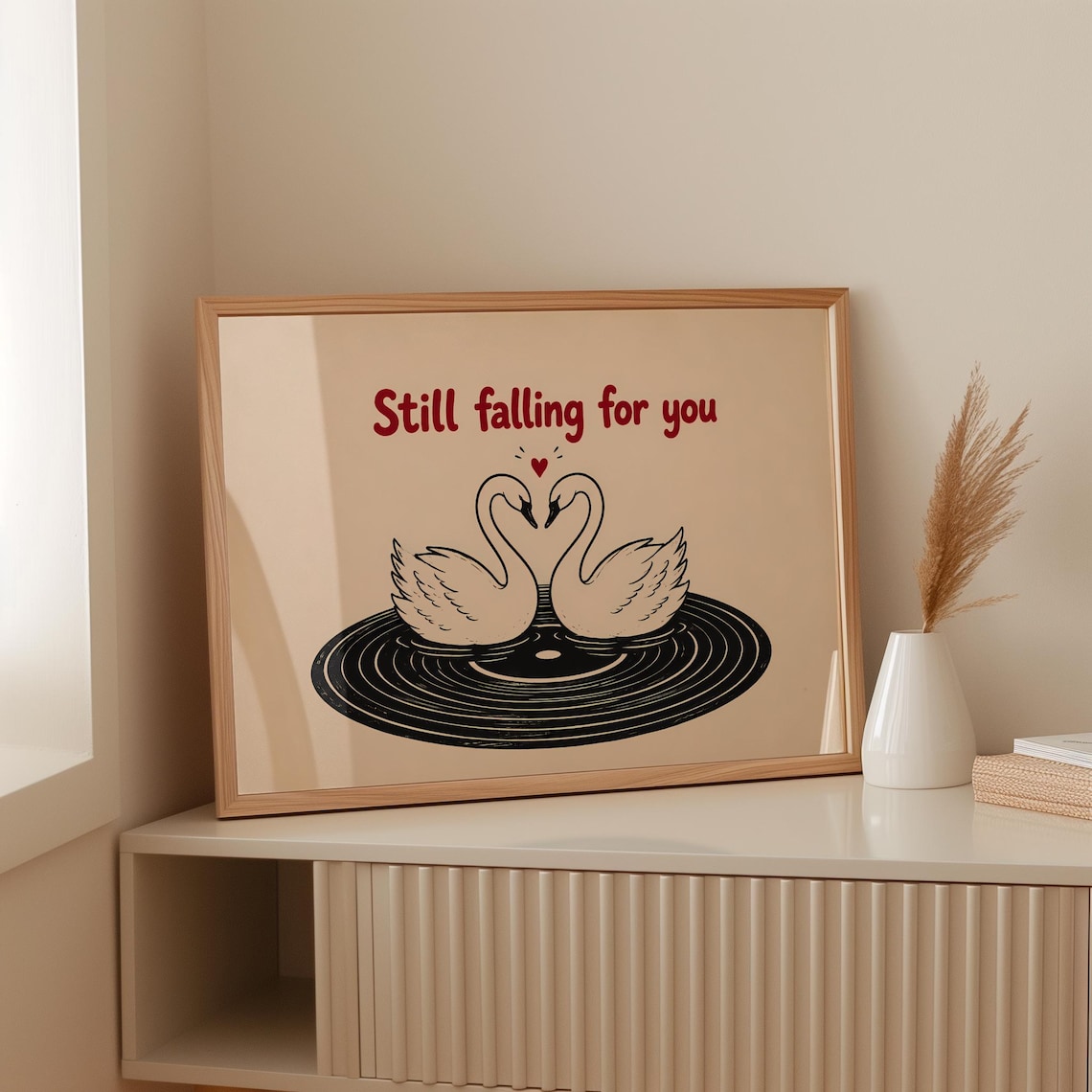 Still Falling For You Cute Swan Couple, Art Print