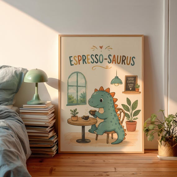 Danish Pastel Espressosaurus Typography Poster Cute Green Dinosaur Coffee Wall Art Whimsical Cafe Illustration Print Dopamine Decor