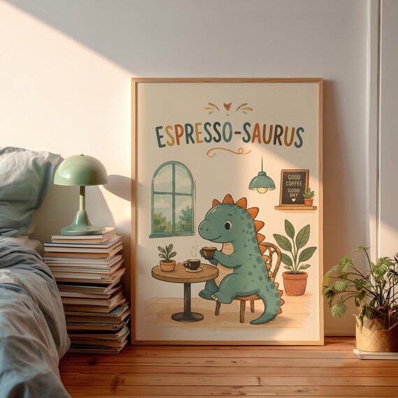 Espresso Saurus Cute Dinosaur Coffee Cafe Typography Art Poster