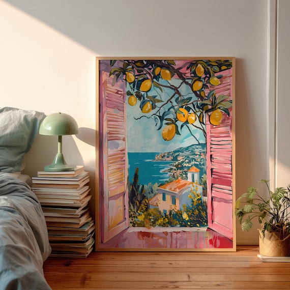 Amalfi Coast Lemon Tree Window Pink Shutters Mediterranean Art Poster