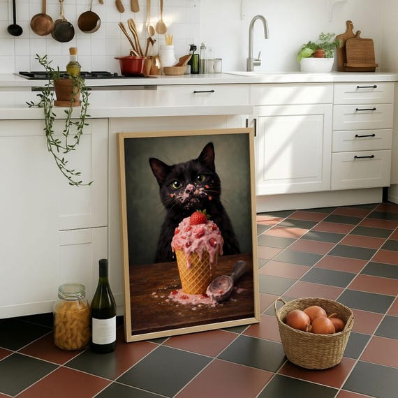 Printable Black Cat Ice Cream Poster Funny Animal Painting Digital Download Moody Kitchen Wall Art Decor File