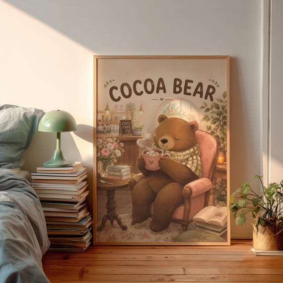 Cozy Cocoa Bear Typography Poster Cute Teddy Hot Chocolate Wall Art Whimsical Cafe Illustration Print Cottagecore Decor