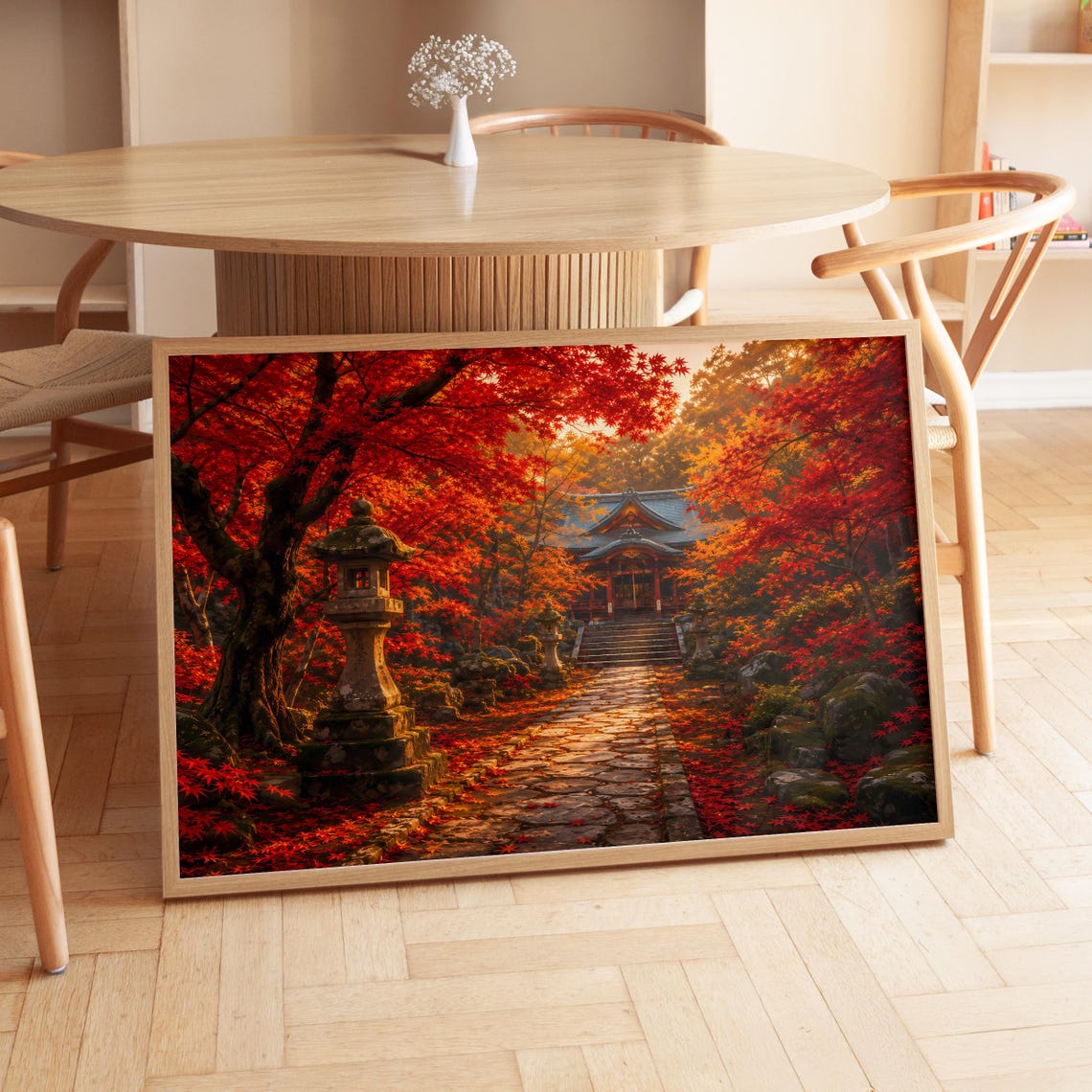 Japanese Temple Red Maple Autumn Forest Stone Lantern Path Poster