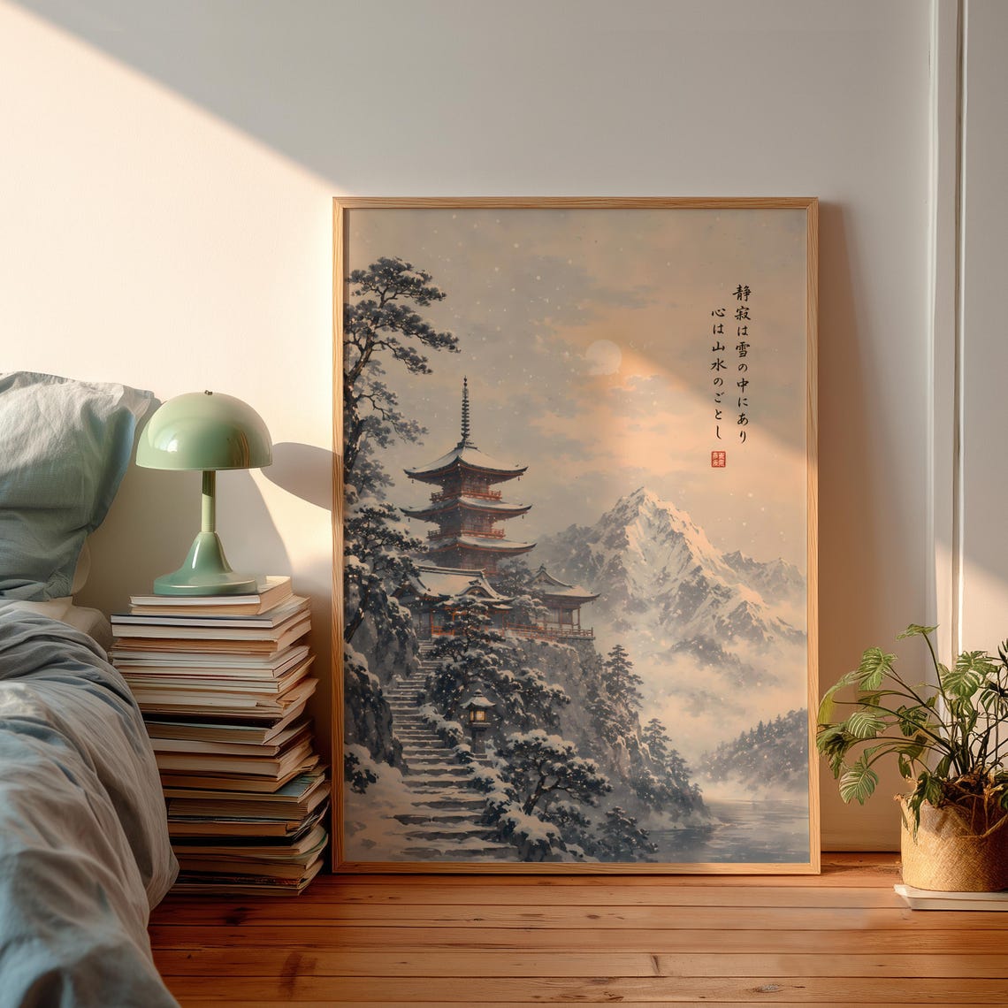 Japanese Snow Covered Pagoda Mountain Temple Winter Zen Art Poster