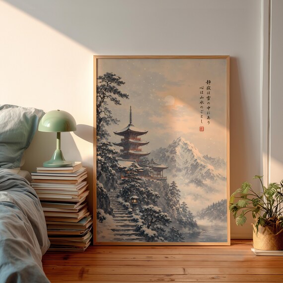 Japandi Style Winter Landscape Snow Covered Pagoda Art Print Japanese Calligraphy Poster Zen Mountain Wall