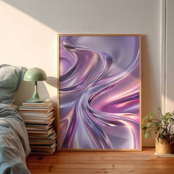 Liquid Chrome Holographic Purple Fluid 3D Abstract Swirl Wall Art