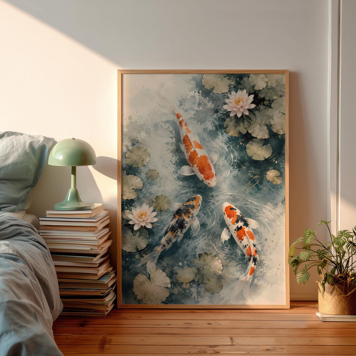 Koi Fish Lotus Pond Watercolor Poster Tranquil Japanese Zen Artwork