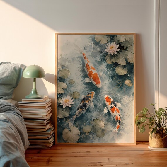 Digital Download Japanese Koi Fish Pond Art Watercolor Zen Lotus Printable Feng Shui Water Lily Print File Oriental Decor