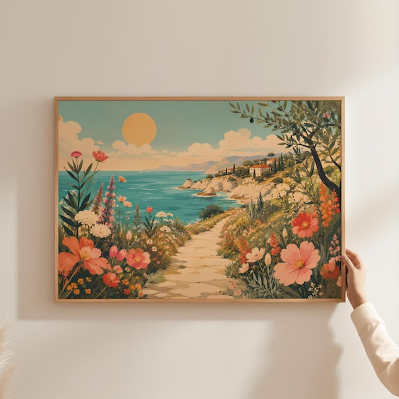 Vintage Coastal Wildflower Path Sunlit Sea Retro Travel Poster