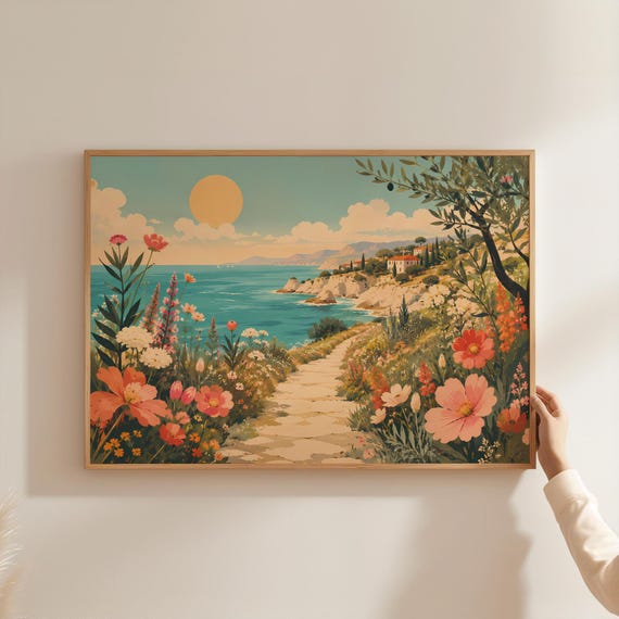 Wildflower Beach Path Wall Art Mediterranean Coast Poster Sun And Sea Landscape Print Minimalist Olive Tree Aesthetic Room Decor