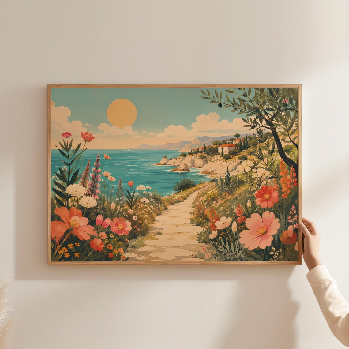 Vintage Coastal Wildflower Path Sunlit Sea Retro Travel Poster